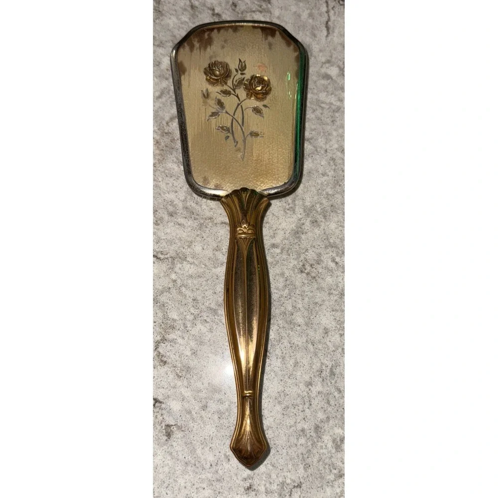Vintage Victorian Hair Brush Copper Handle 3D Flower Accents Removable Brush